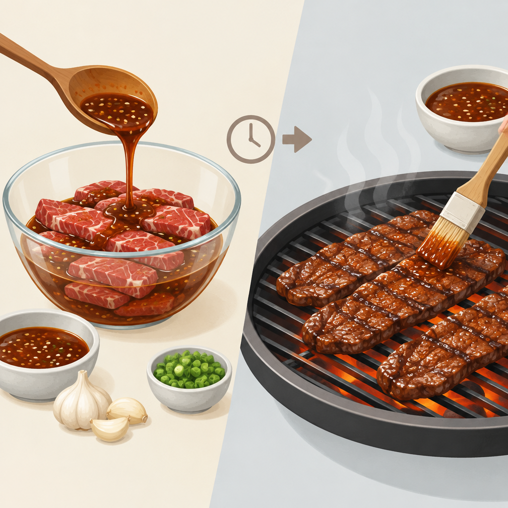 AI 생성 설명 이미지: 안산일동맛집 유니드정육식당 | 양념갈비 재우기와 조리 중 양념 바르기 구분법